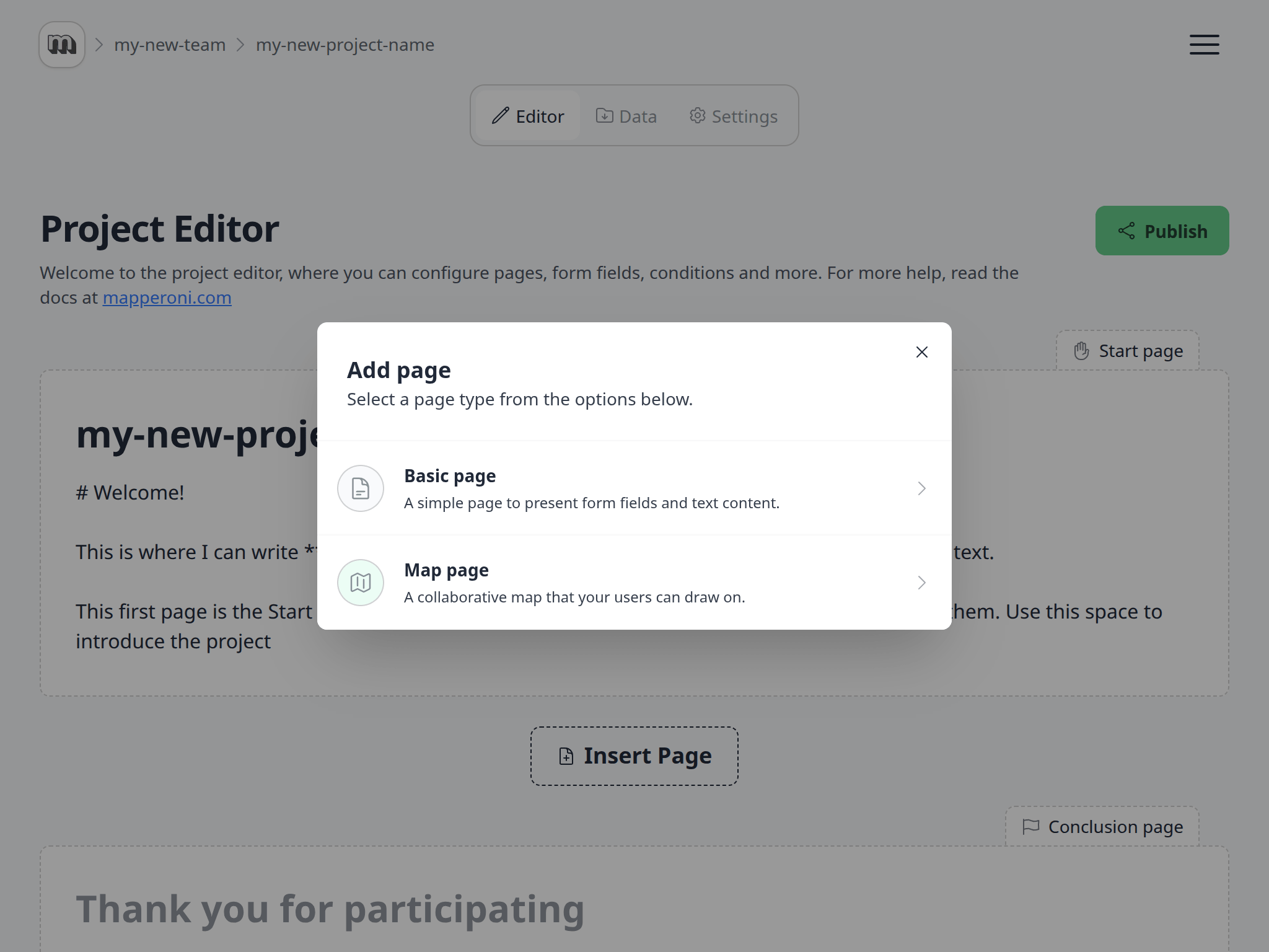 Add page dialog with Basic page and Map page options