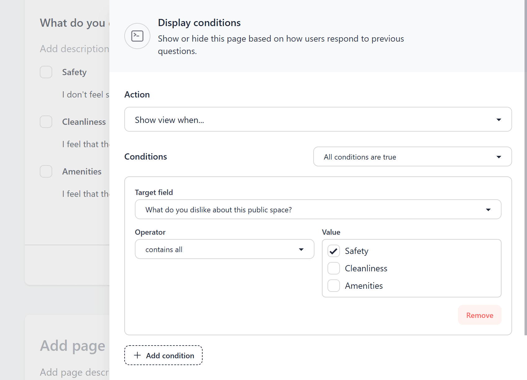 Screenshot of the display conditions editor