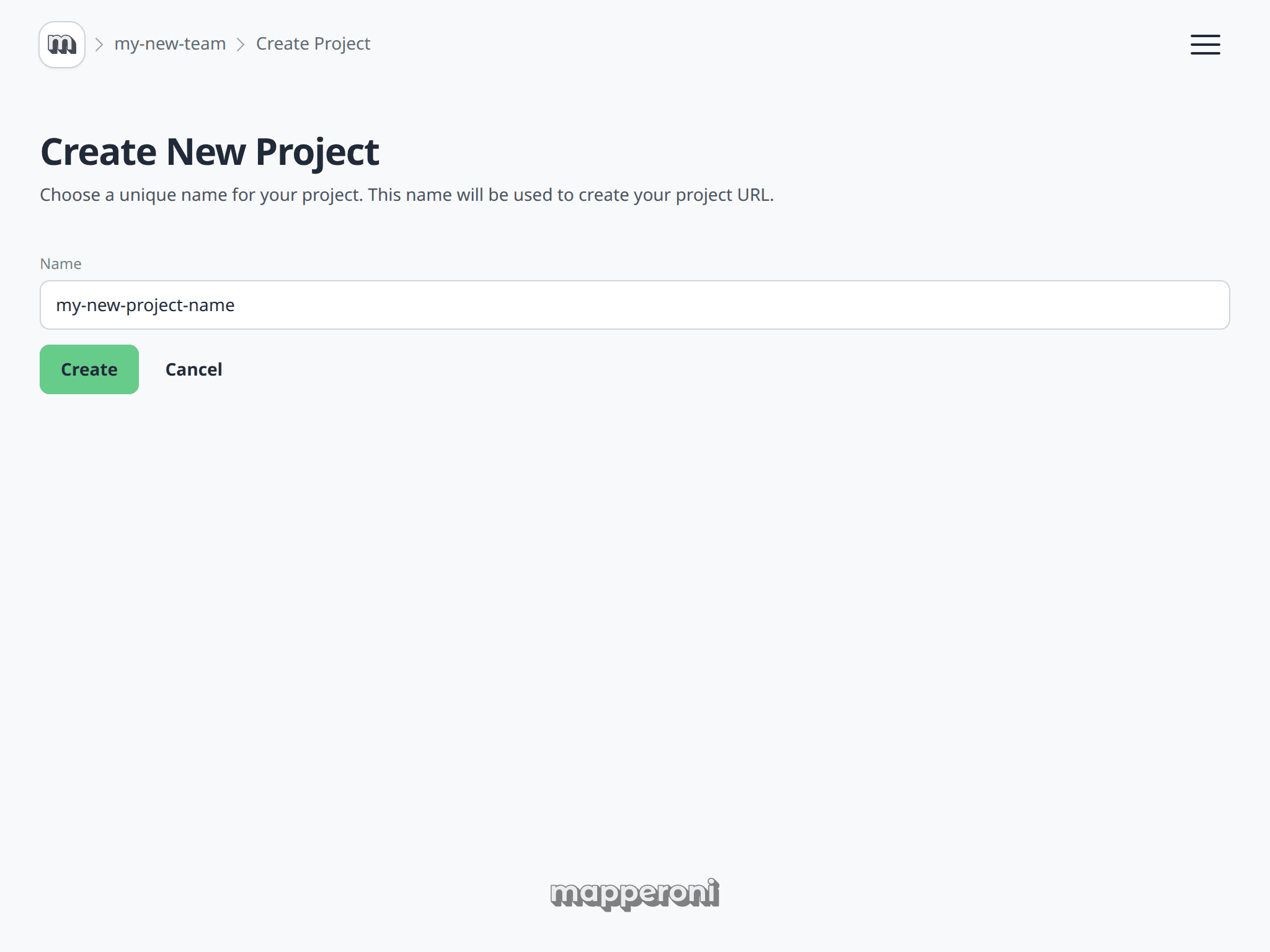 Create New Project screen with the project name field and Create button