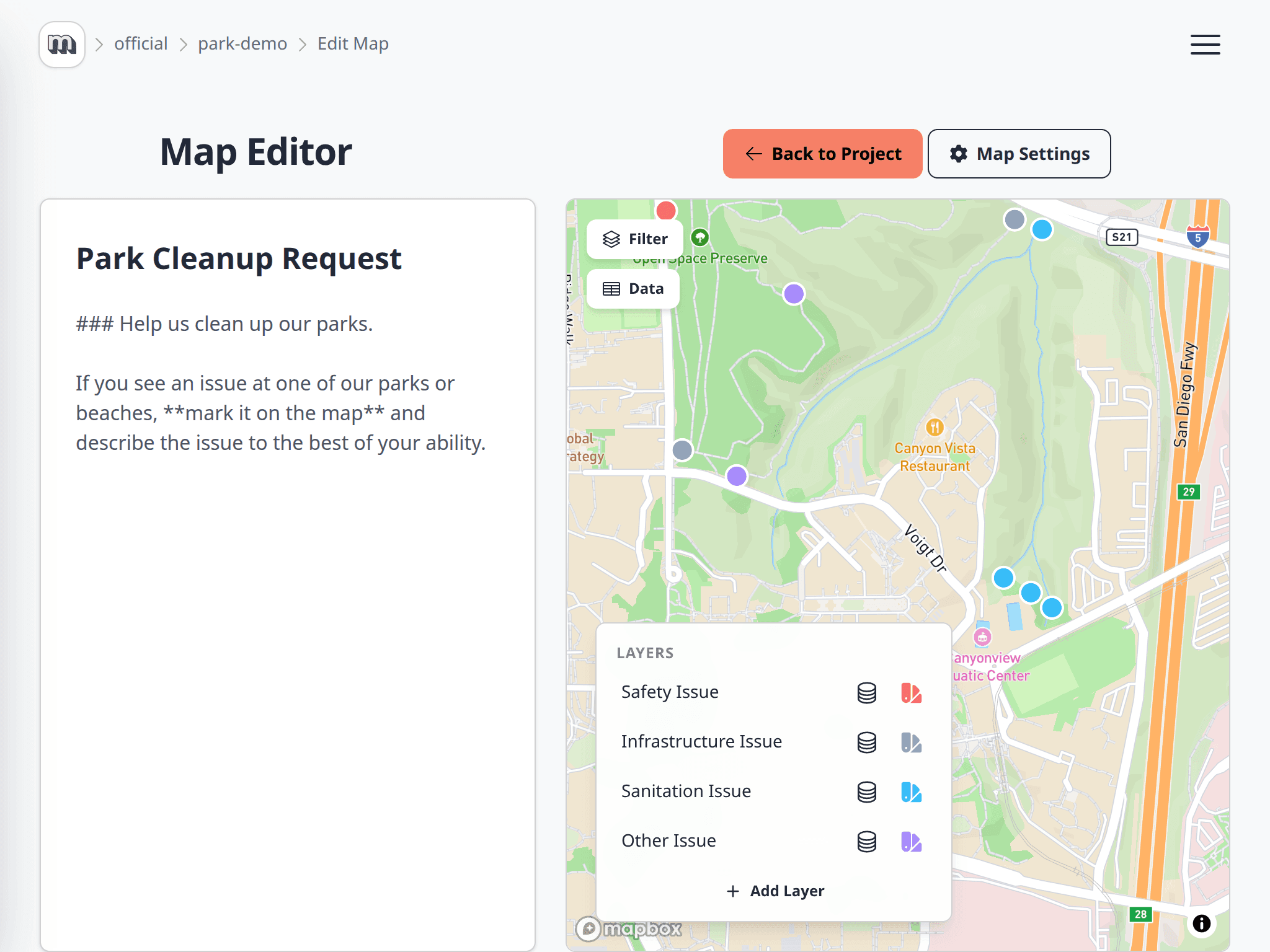 Map Editor showing page content, the map, configured layers, Add Layer, and Map Settings