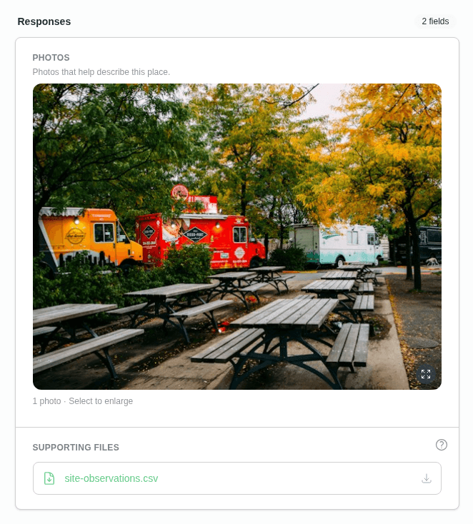 Saved map feature responses in the Map Editor showing a photo preview, a private file download, and the file privacy help icon