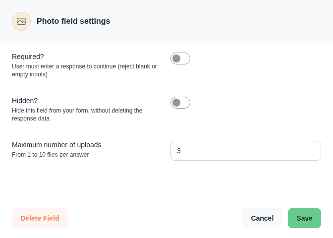 Photo field settings showing Required, Hidden, and a maximum of three uploads