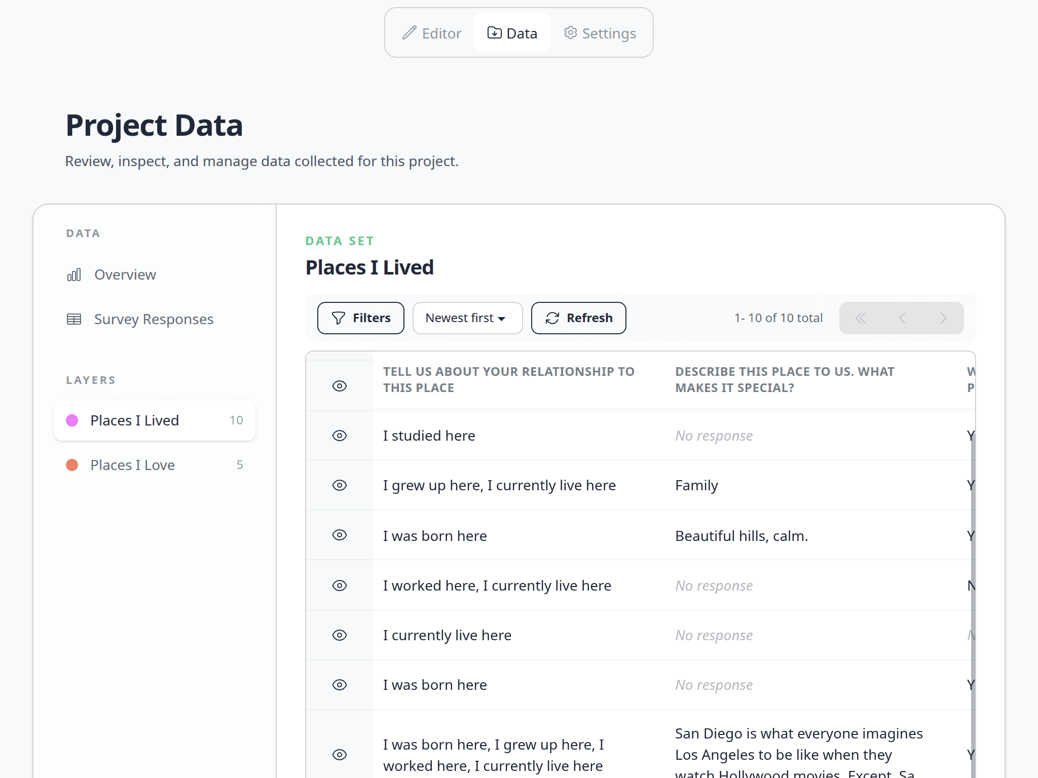 Project Data table showing the records collected for a map layer