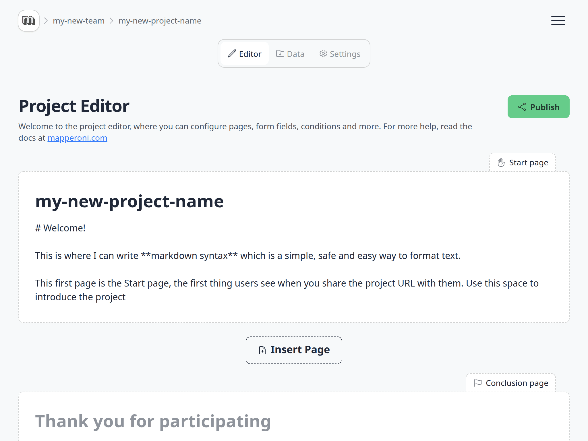 Project editor showing the Start page, Insert Page button, Conclusion page, and Publish button