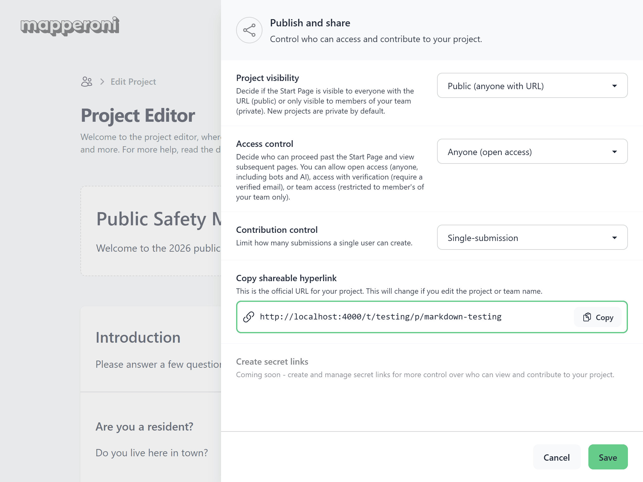 Screenshot of the Mapperoni publish and sharing settings