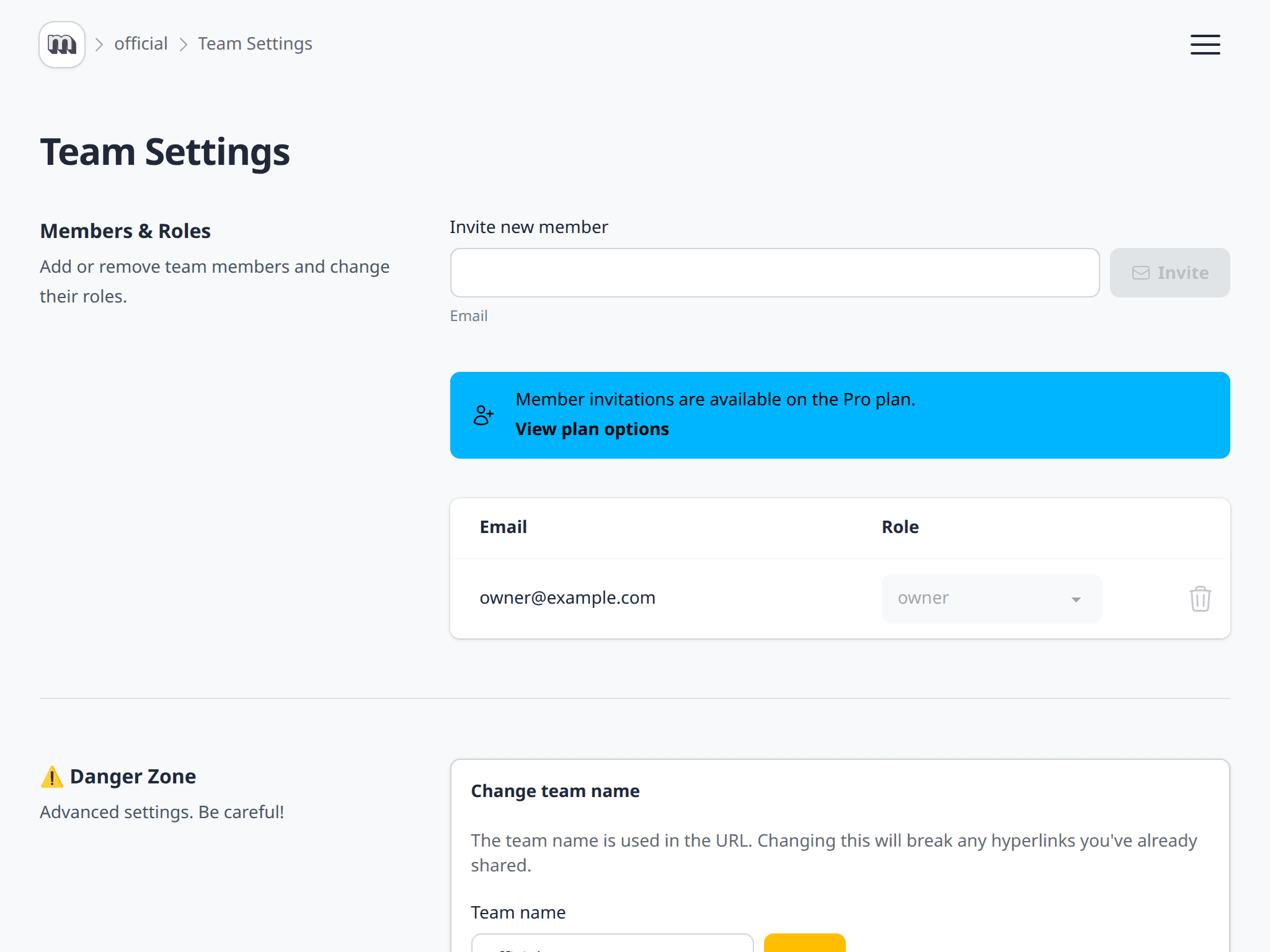 Team Settings screen for inviting members and managing their roles