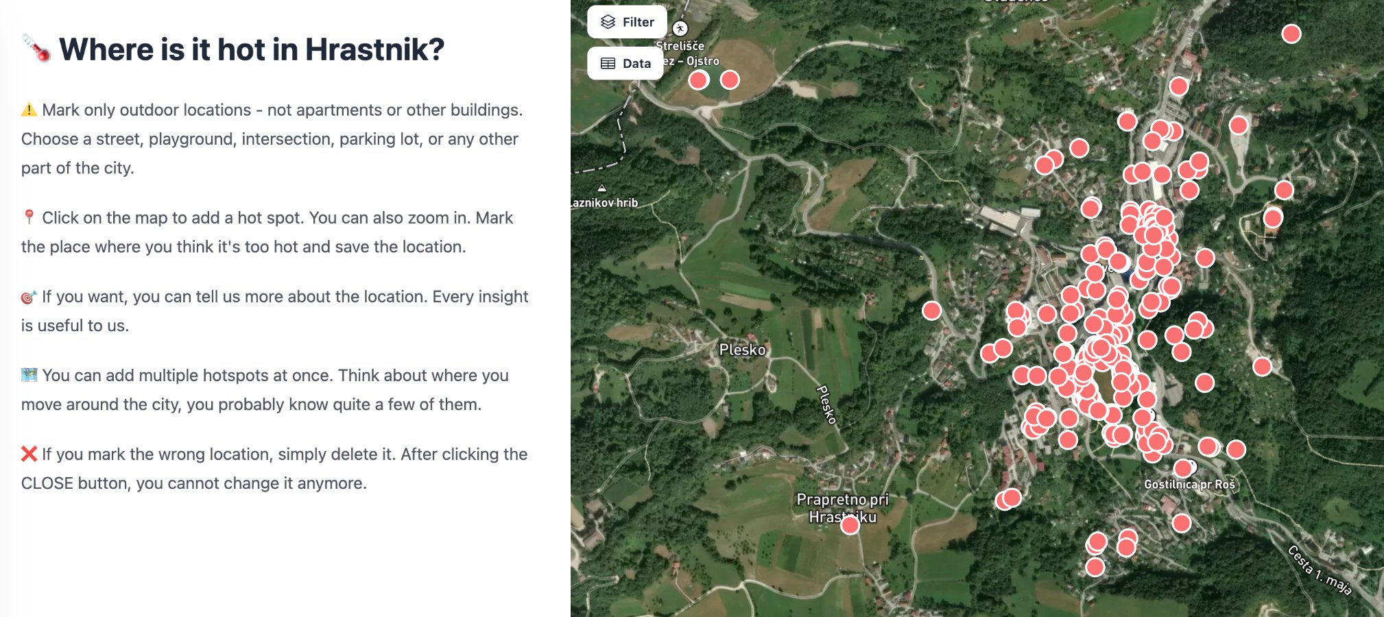 Hrastnik heat map in Mapperoni, with resident-submitted hot spots